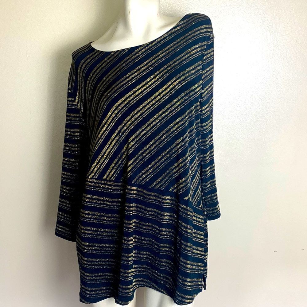CHICO'S Travelers Top XL Sz 3  black Gold Stripe Blouse Stretch Wrinkle Resist